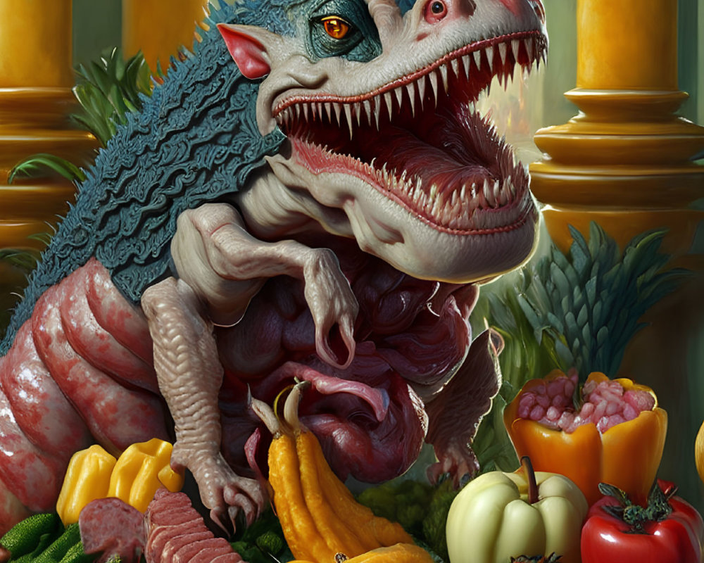 Colorful carnivorous creature with vegetables on classical columns background