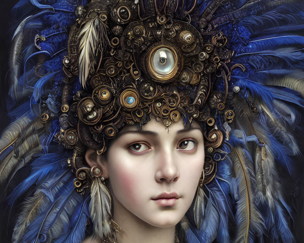 Portrait of a person with ornate steampunk headpiece featuring feathers, gears, and eyes