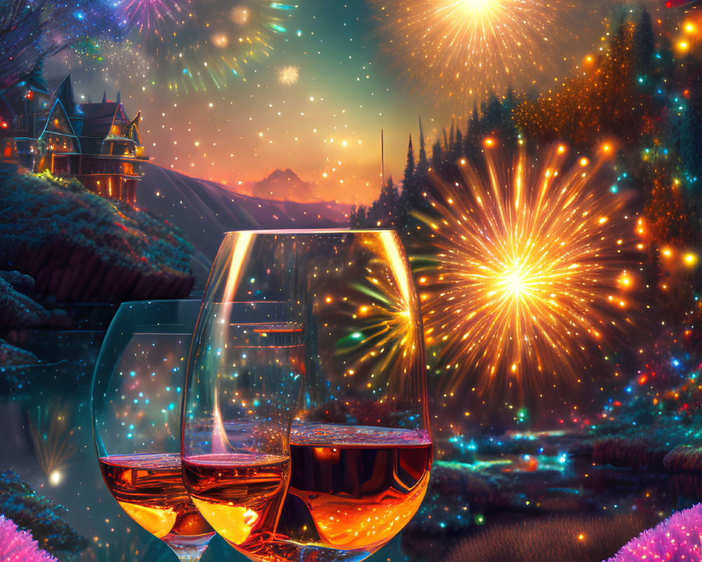 Vibrant fireworks backdrop with two glasses of wine