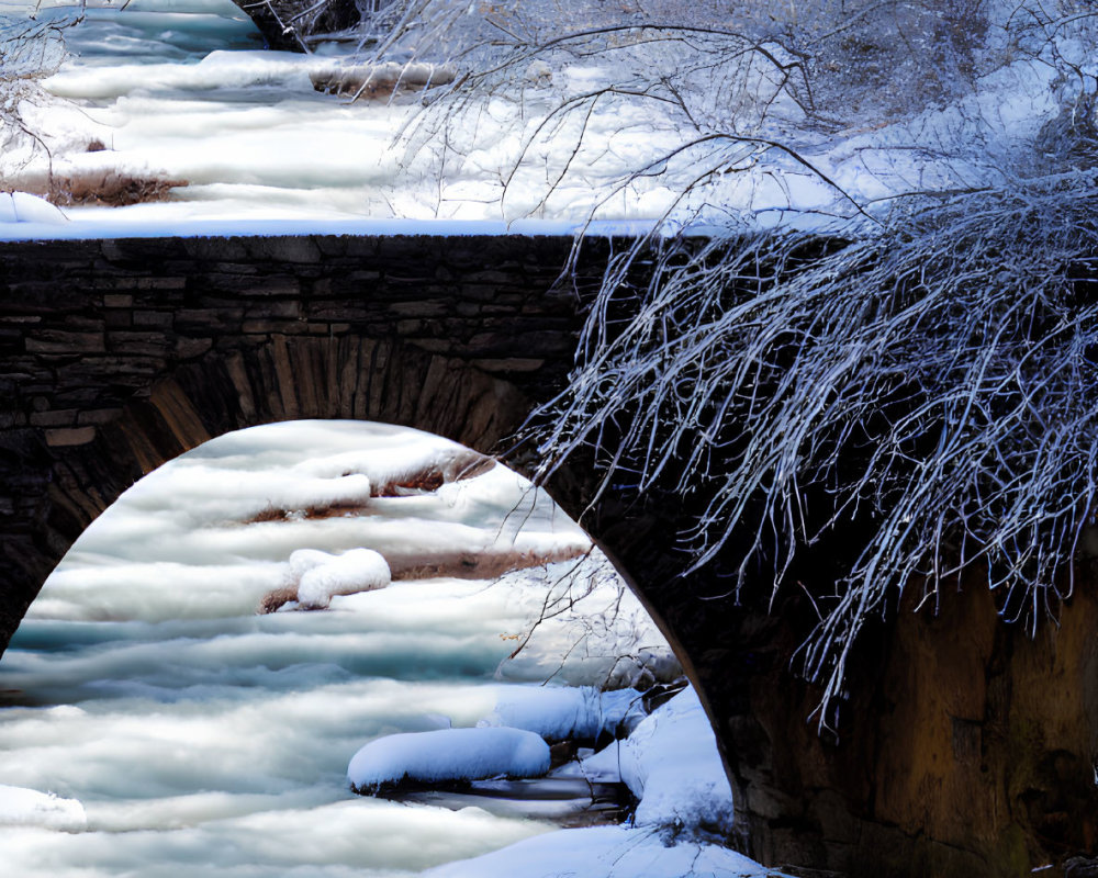 Snow-covered stone bridge over frozen creek in winter landscape