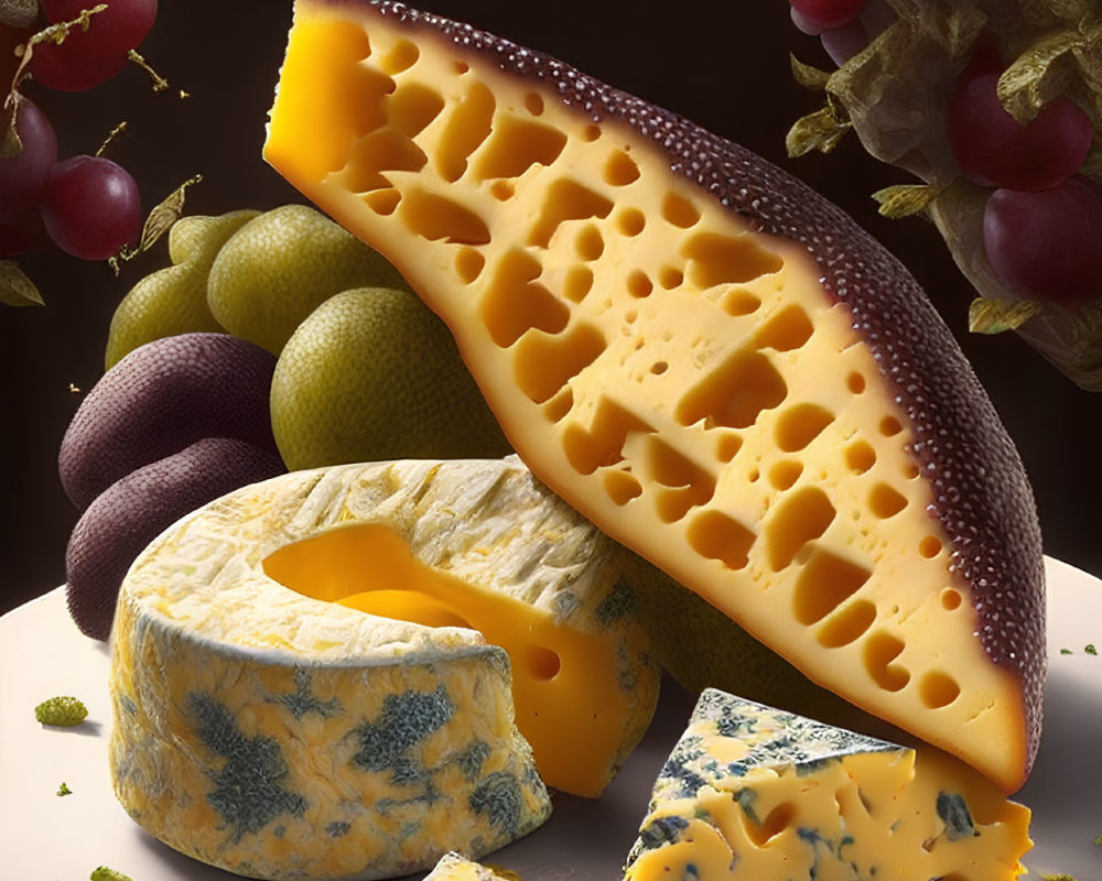 Assorted Cheeses and Fruits Still Life on Dark Background