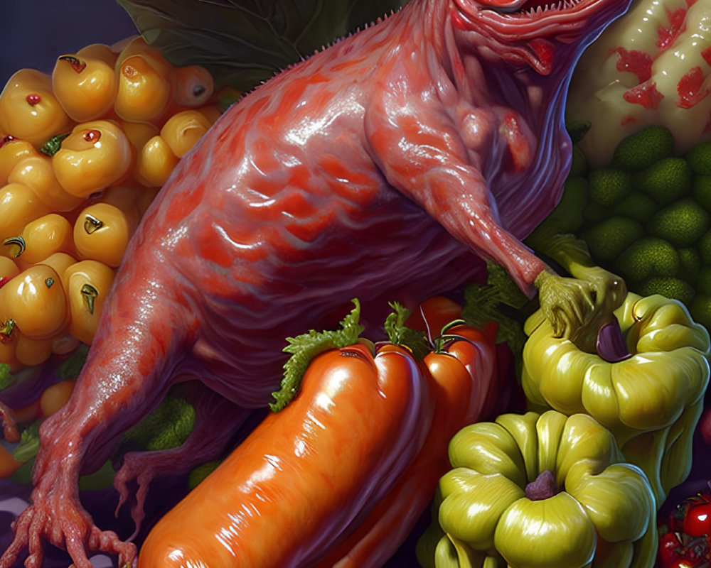 Surreal illustration of raw chicken with oversized eyes among vibrant fruits & vegetables