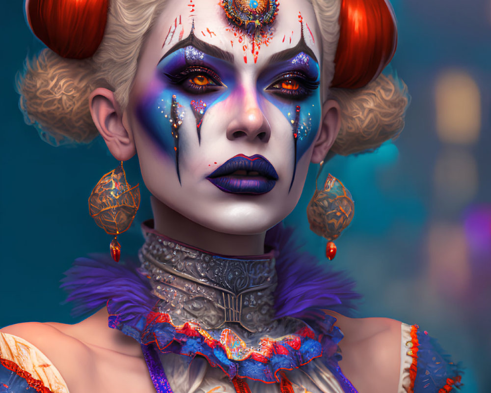 Portrait of Woman with White Face Paint, Red Hair, Carnival Makeup, and Jeweled Accents on