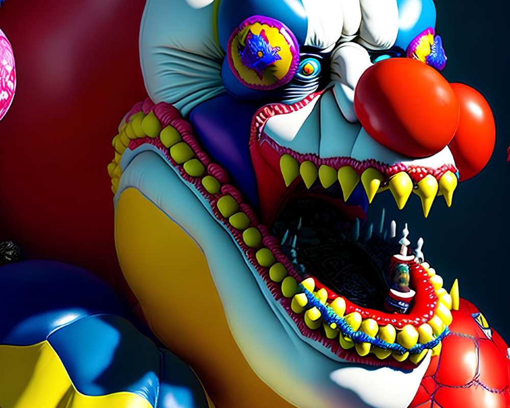 Colorful surreal clown face with open mouth revealing dark abyss and intricate designs.