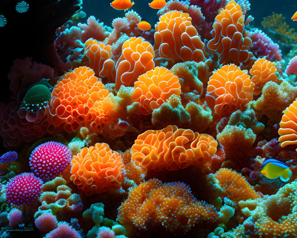 Colorful coral species and yellow fish in vibrant underwater scene