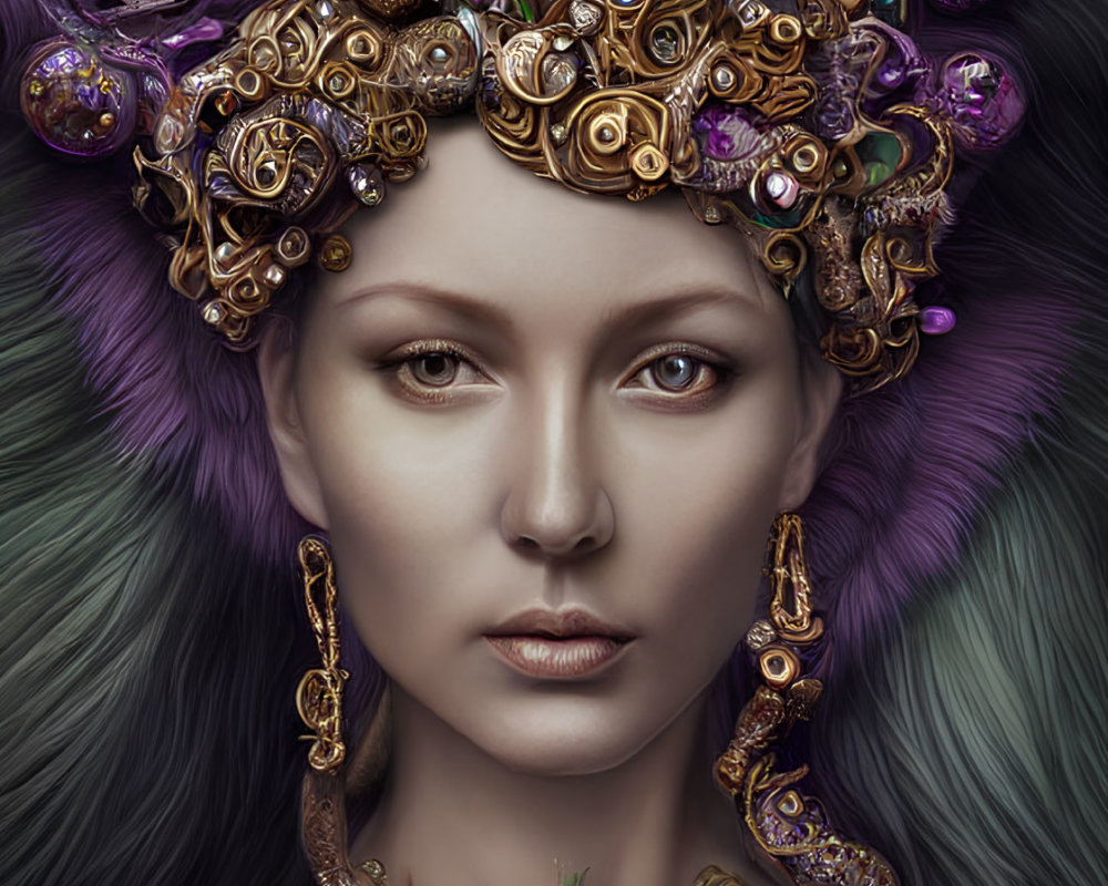 Intricate golden headdress with gemstones and serpentine elements