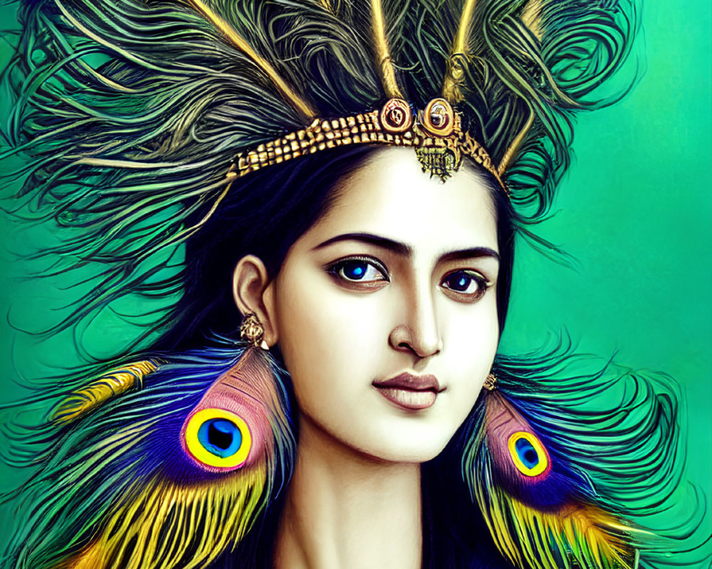 Elaborate peacock feather headdress on intense woman against teal background