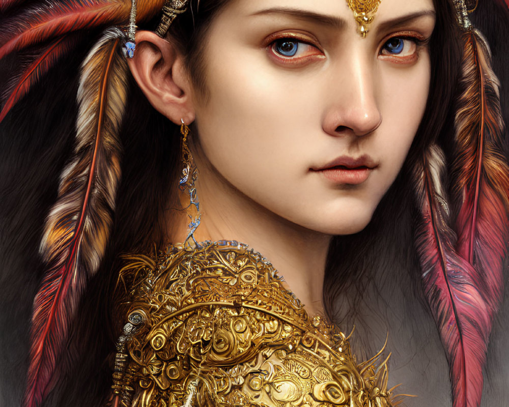 Detailed digital portrait of woman in feathered headdress and golden armor