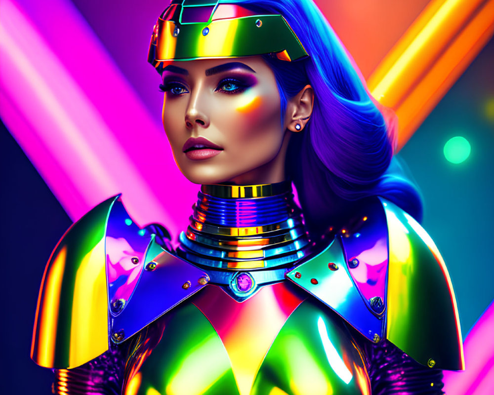 Colorful digital artwork: Woman with blue hair in futuristic armor on neon-lit background