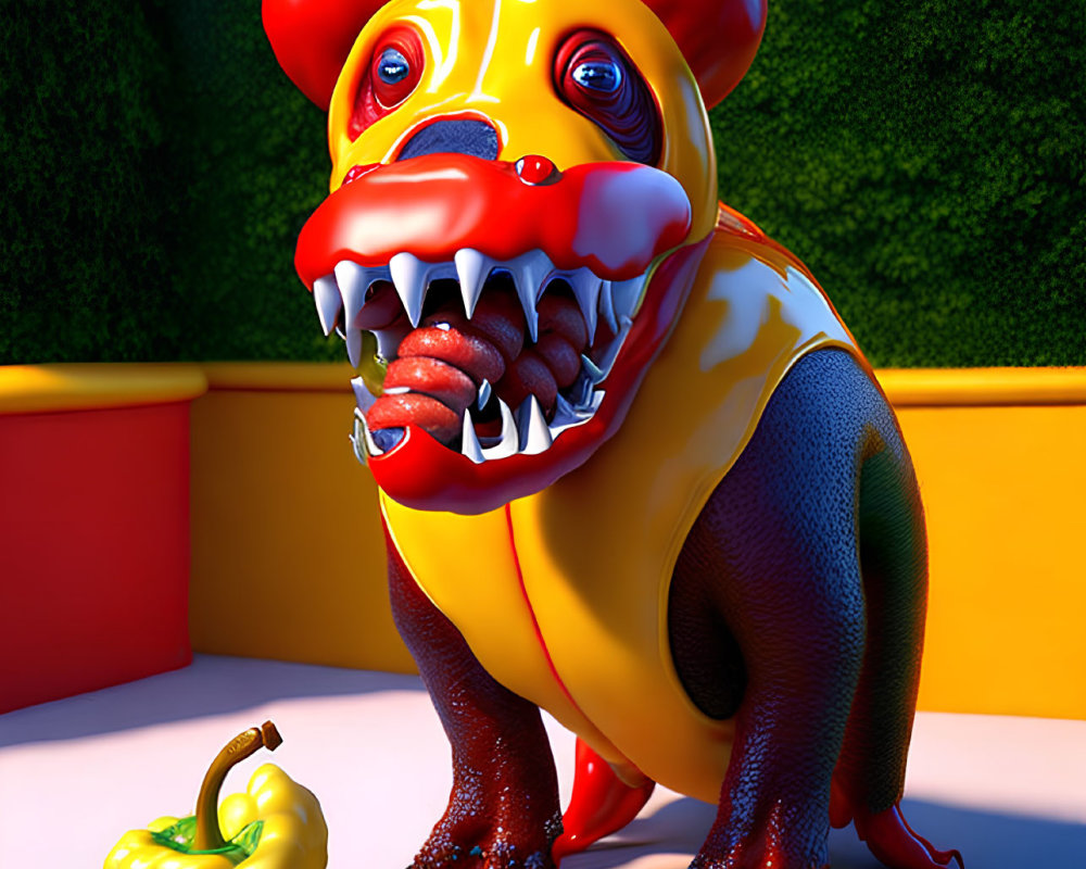 Vibrant 3D Cartoon Dog Creature with Red Horns and Lemon