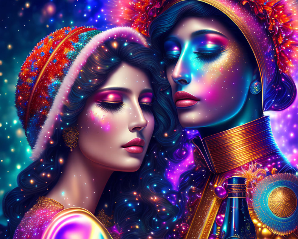 Stylized women with cosmic makeup and intricate garments