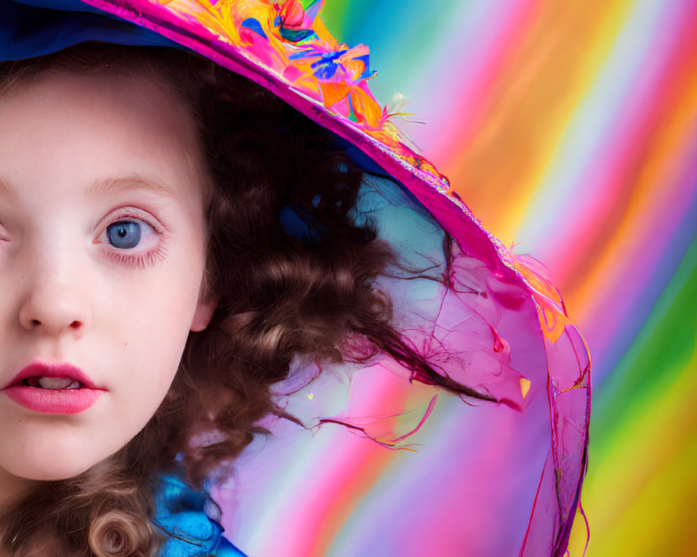 Child with Blue Eyes and Curly Hair in Fancy Outfit and Pink Feathered Hat on Rainbow Sw