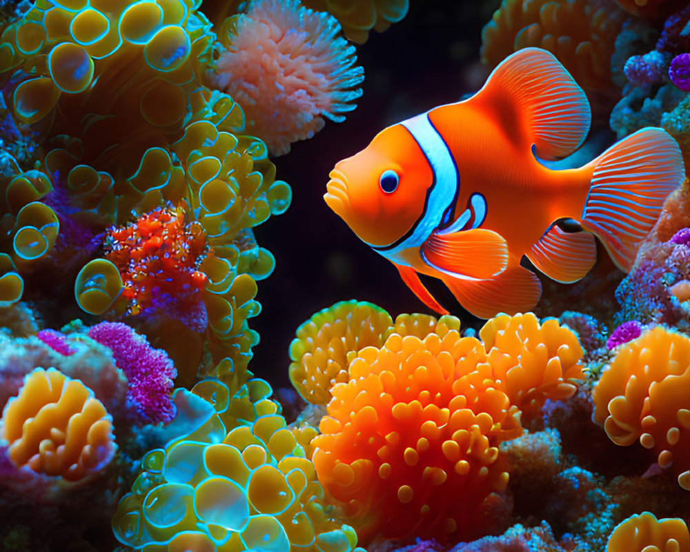 Colorful Clownfish Among Vibrant Coral Polyps