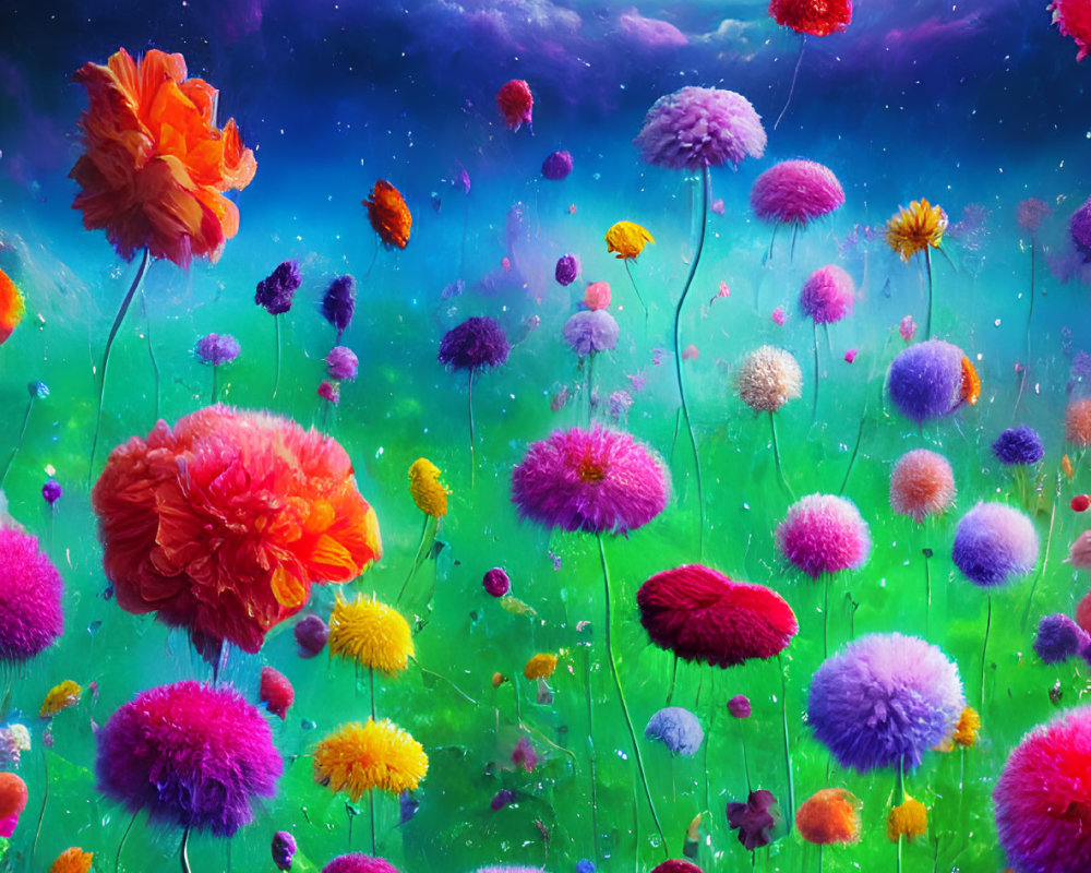 Colorful Flowers Field Under Starry Sky with Moon and Clouds