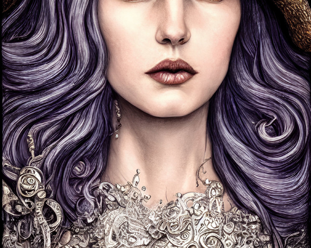 Detailed Illustration of Woman with Wavy Purple Hair and Striking Green Eyes wearing Hat and Ornate