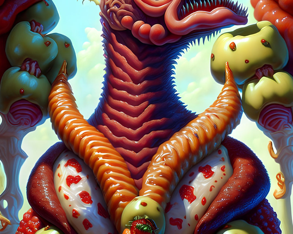 Colorful digital artwork of serpent creature with orange scales and red eyes in surreal setting.