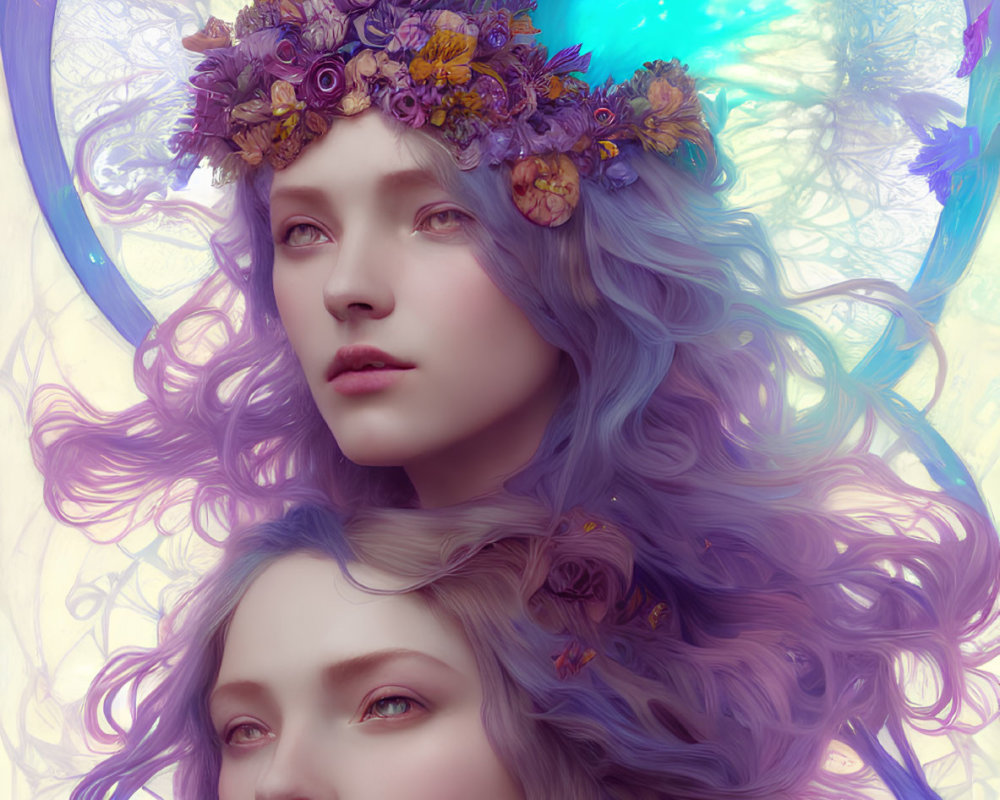 Ethereal women with lilac hair and floral crowns in mystical setting