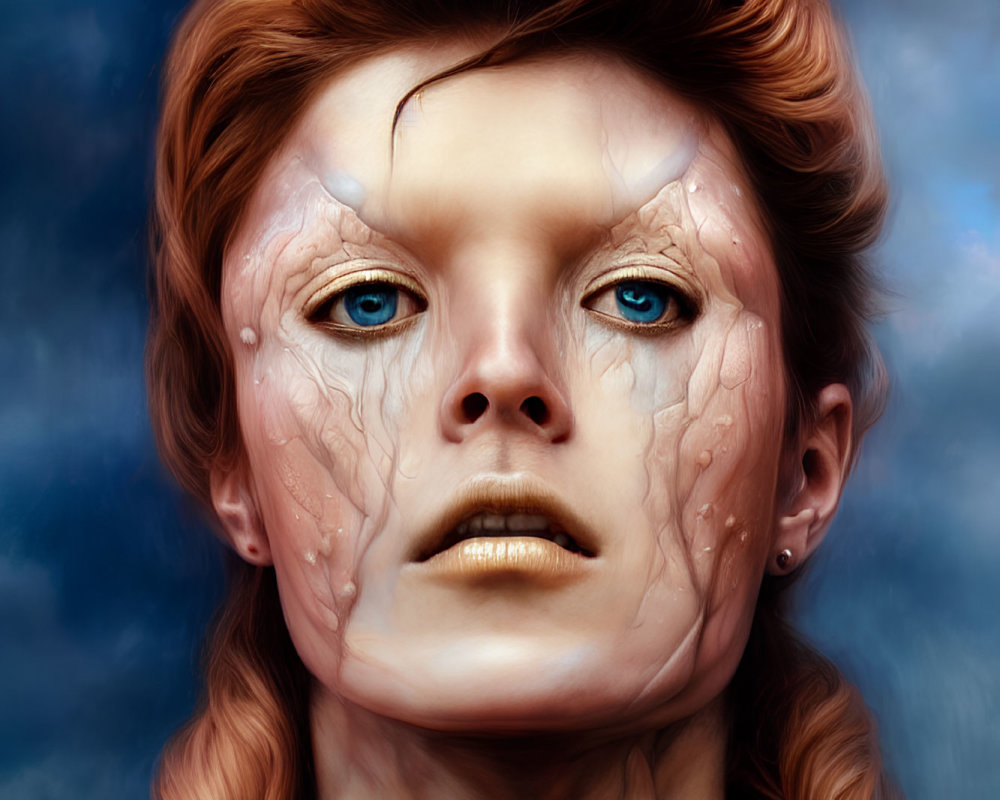 Digital artwork: Woman with blue eyes, marble skin, red hair, and golden lips on blue cloudy