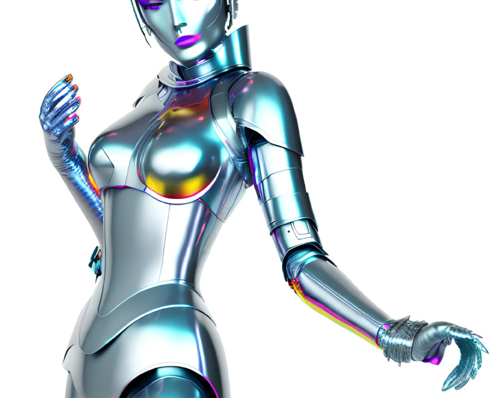 Iridescent metallic humanoid robot with feminine form on white backdrop