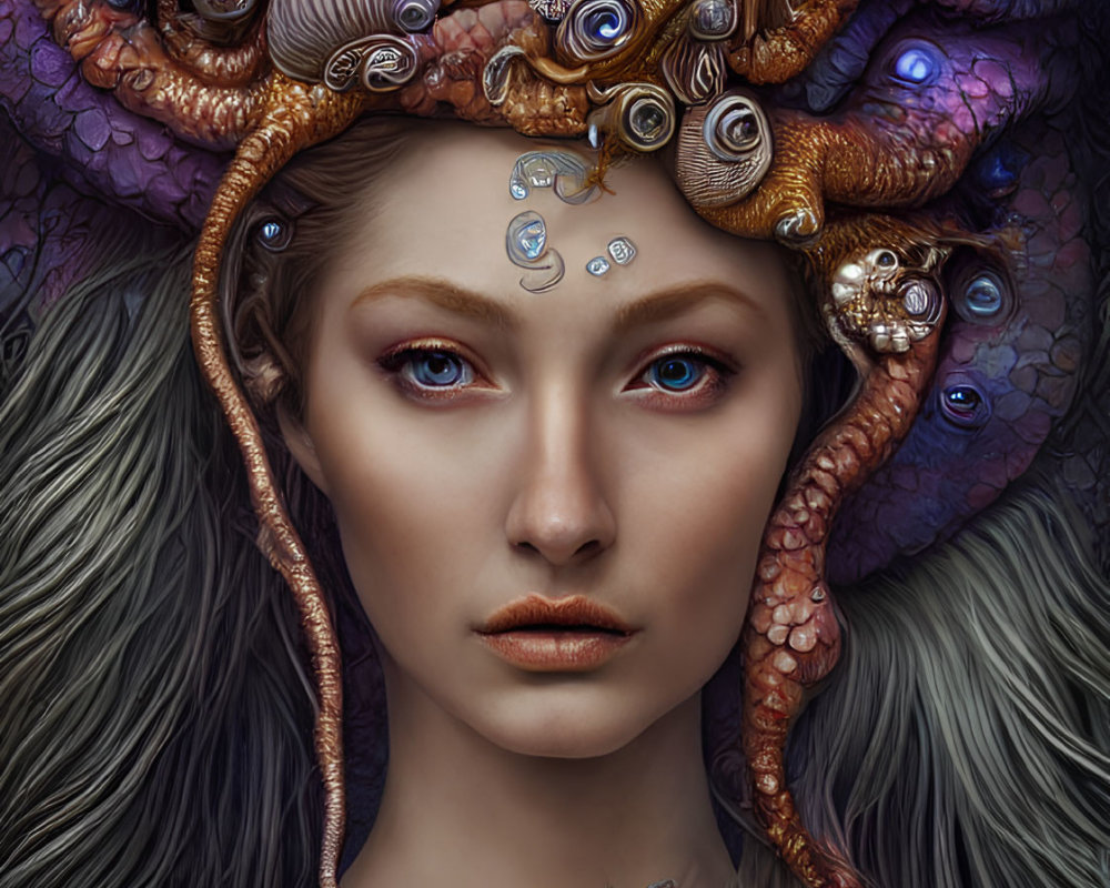 Woman with Blue Eyes Wearing Sea Creature Headpiece