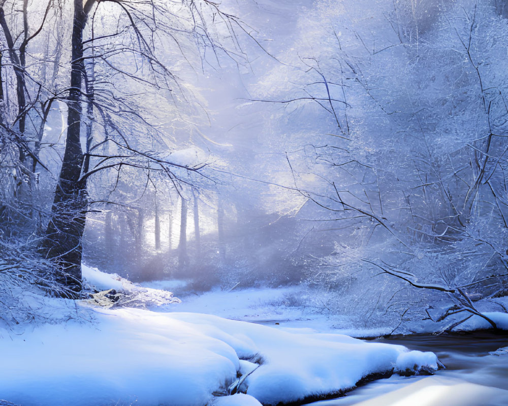 Snowy Landscape with Stream and Sunlit Misty Trees