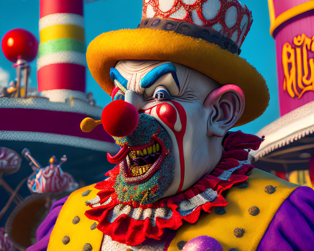 Vibrant 3D clown rendering in circus setting