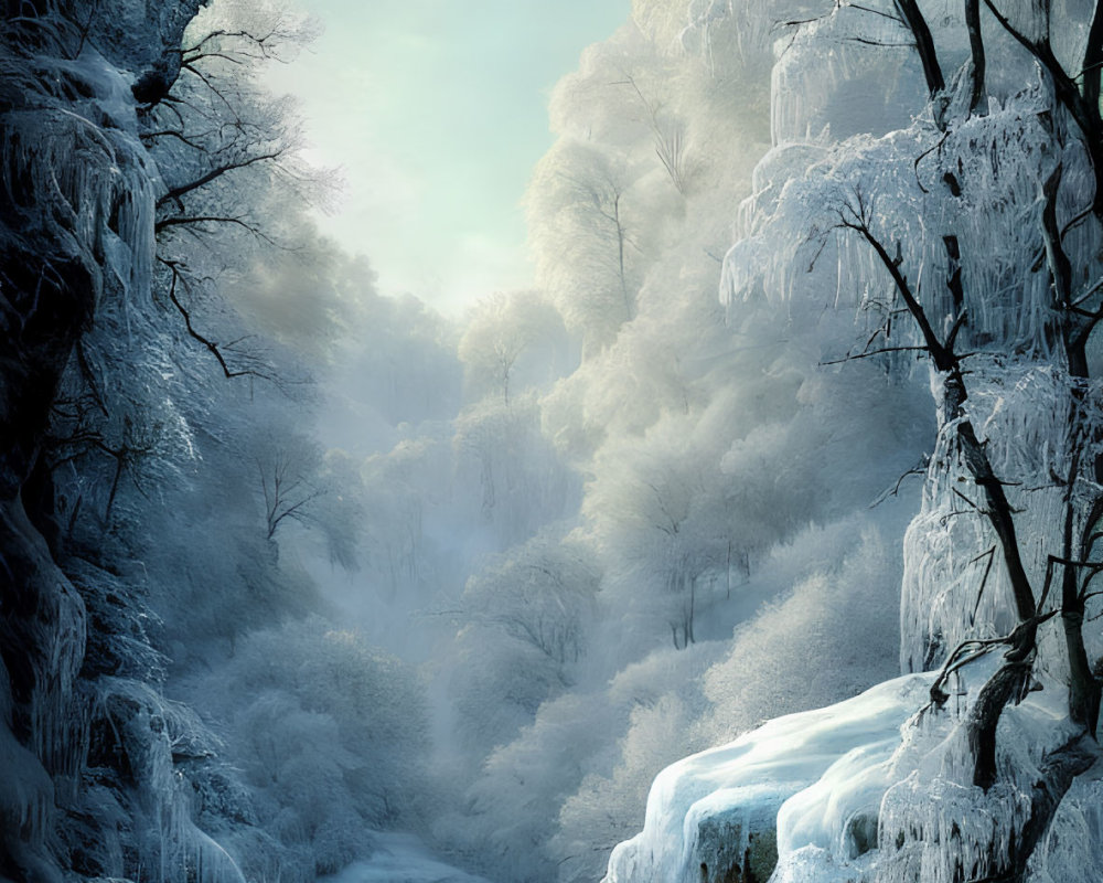 Snow-covered trees and frozen river in serene winter landscape