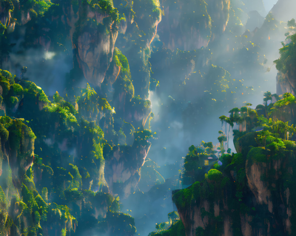 Verdant cliffs in mist above lush jungle in soft light