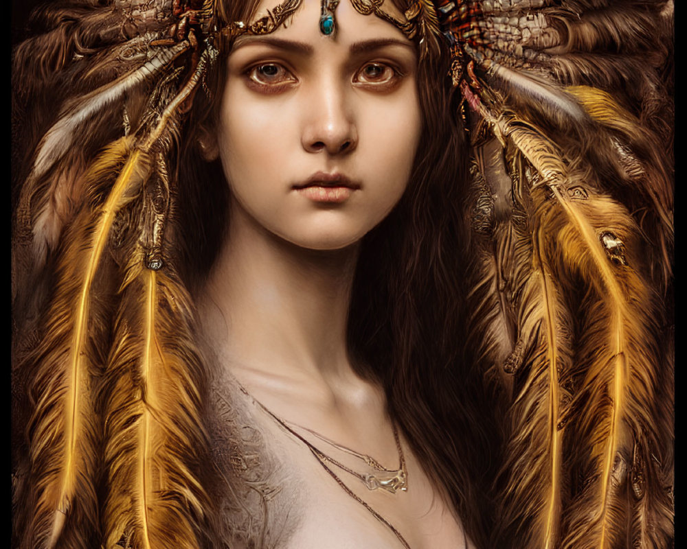 Portrait of a person in ornate feathered headdress with turquoise gemstone