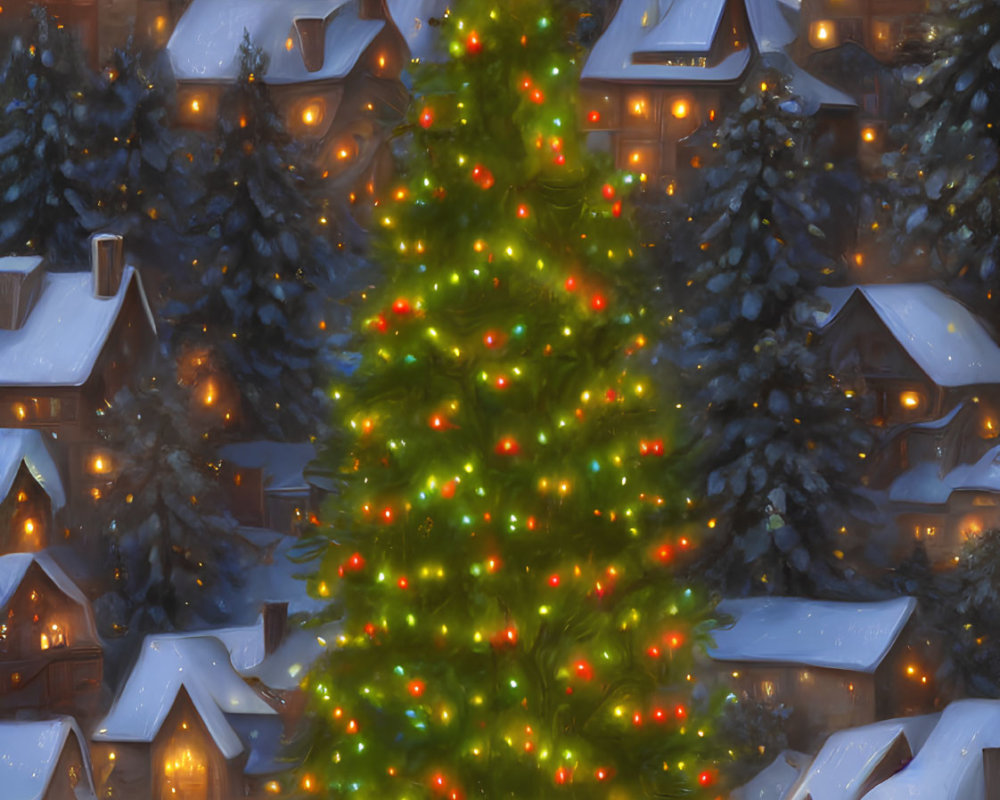 Snowy village Christmas tree with colorful lights at twilight