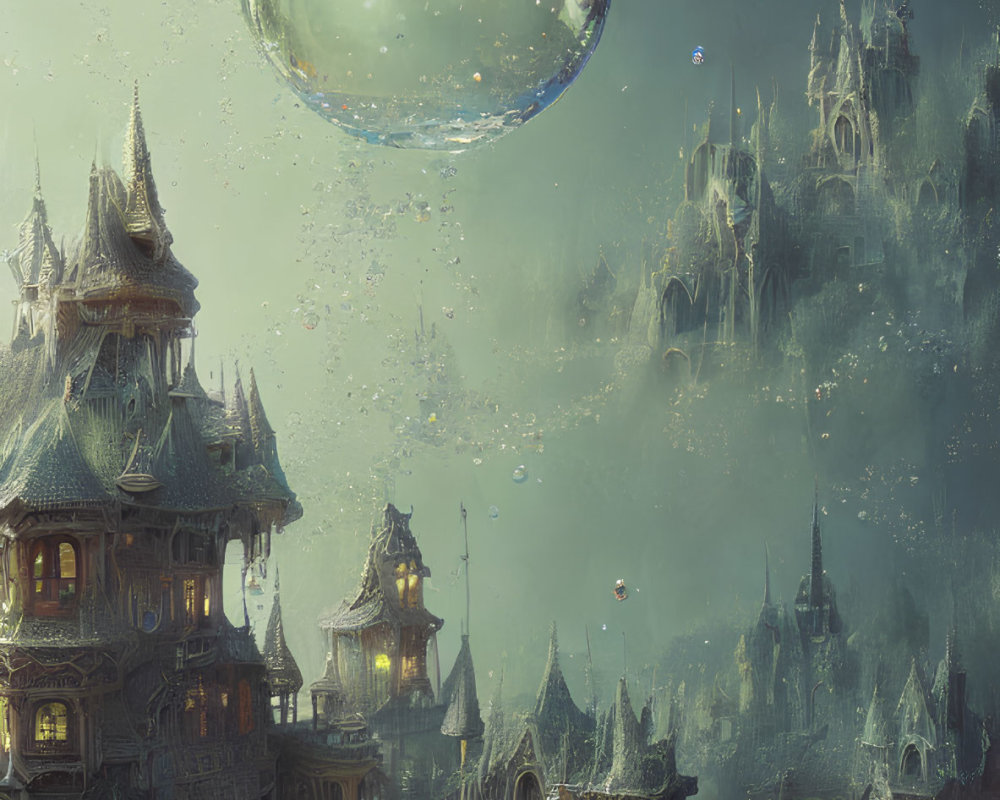 Fantastical Cityscape with Floating Bubbles and Illuminated Towers