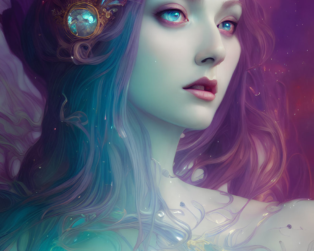 Fantasy Queen with Blue Hair and Cosmic Crown Artwork