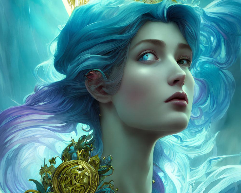 Surreal portrait of woman with blue hair and crown in mystical setting