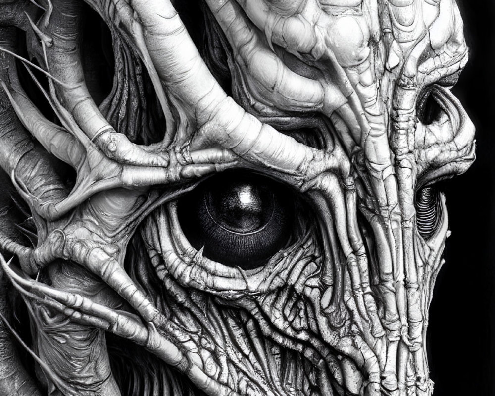 Detailed black and white creature illustration with intricate textures, prominent eye, and sharp teeth.