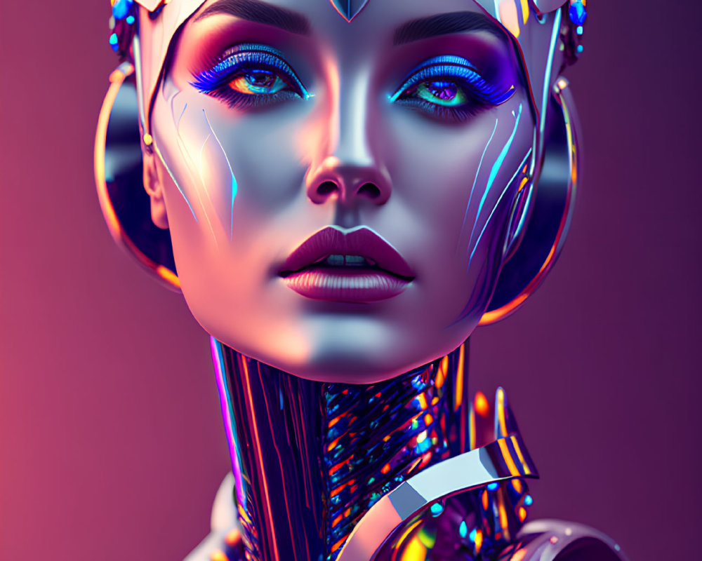 Detailed digital artwork of female robot with metallic body and blue eyes on gradient background