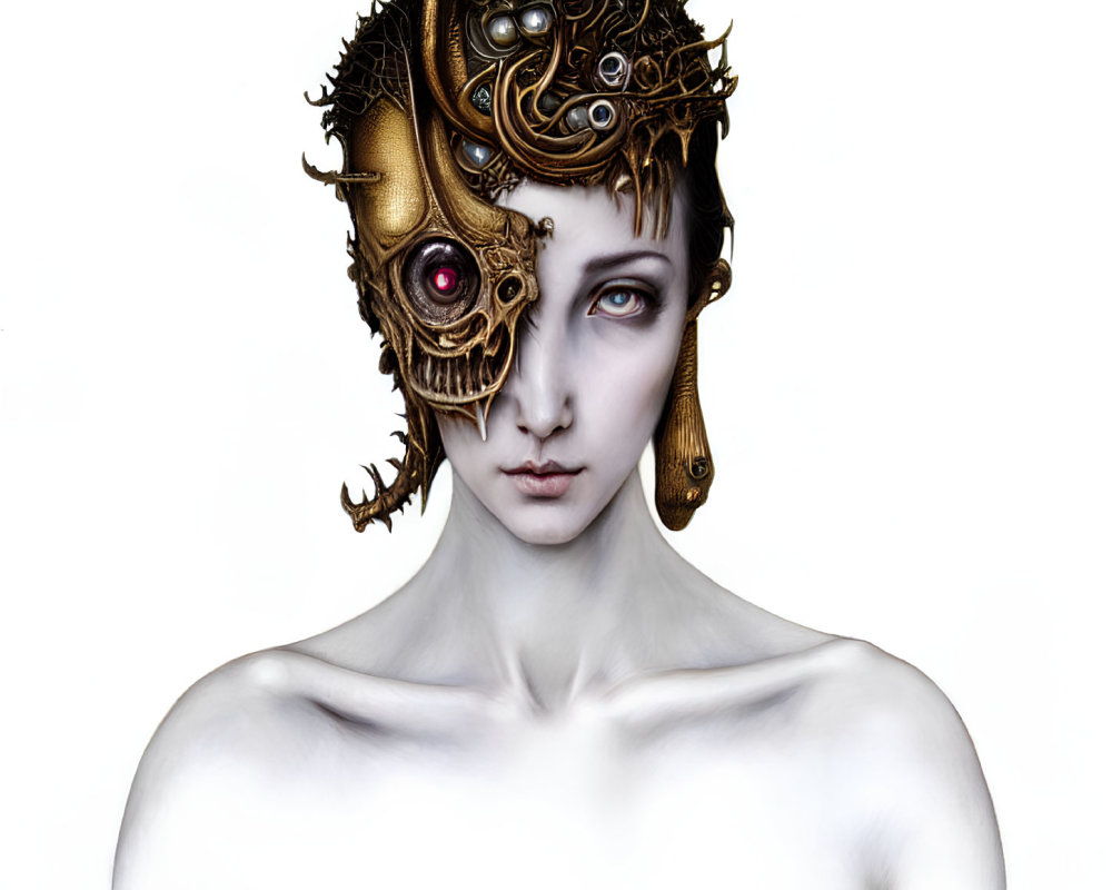 Detailed mechanical prosthetic mask on person with pale skin and short hair