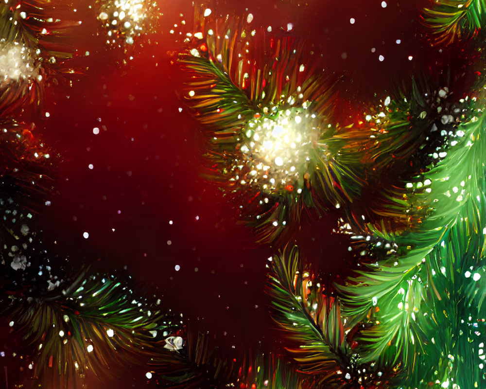 Snowflakes and Pine Branches on Red Background for Festive Holiday Atmosphere