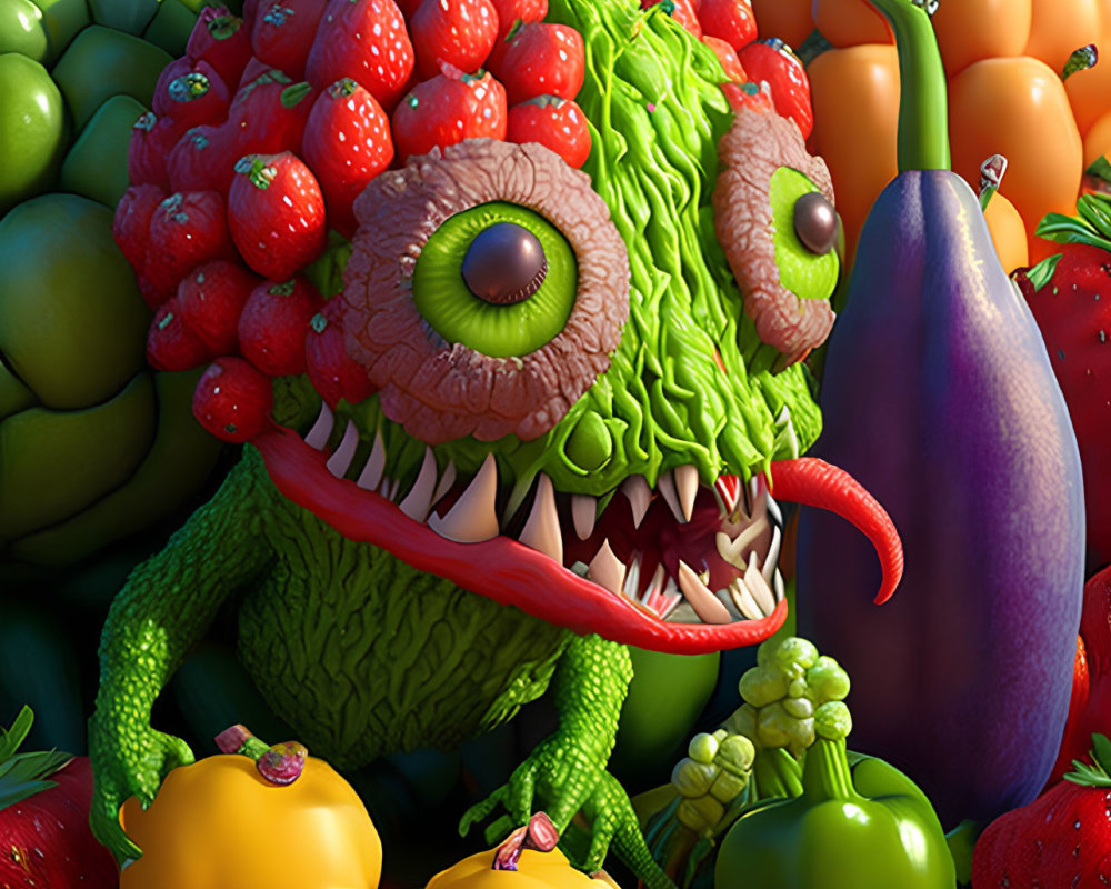 Vibrant creature with fruit and vegetable features in produce setting