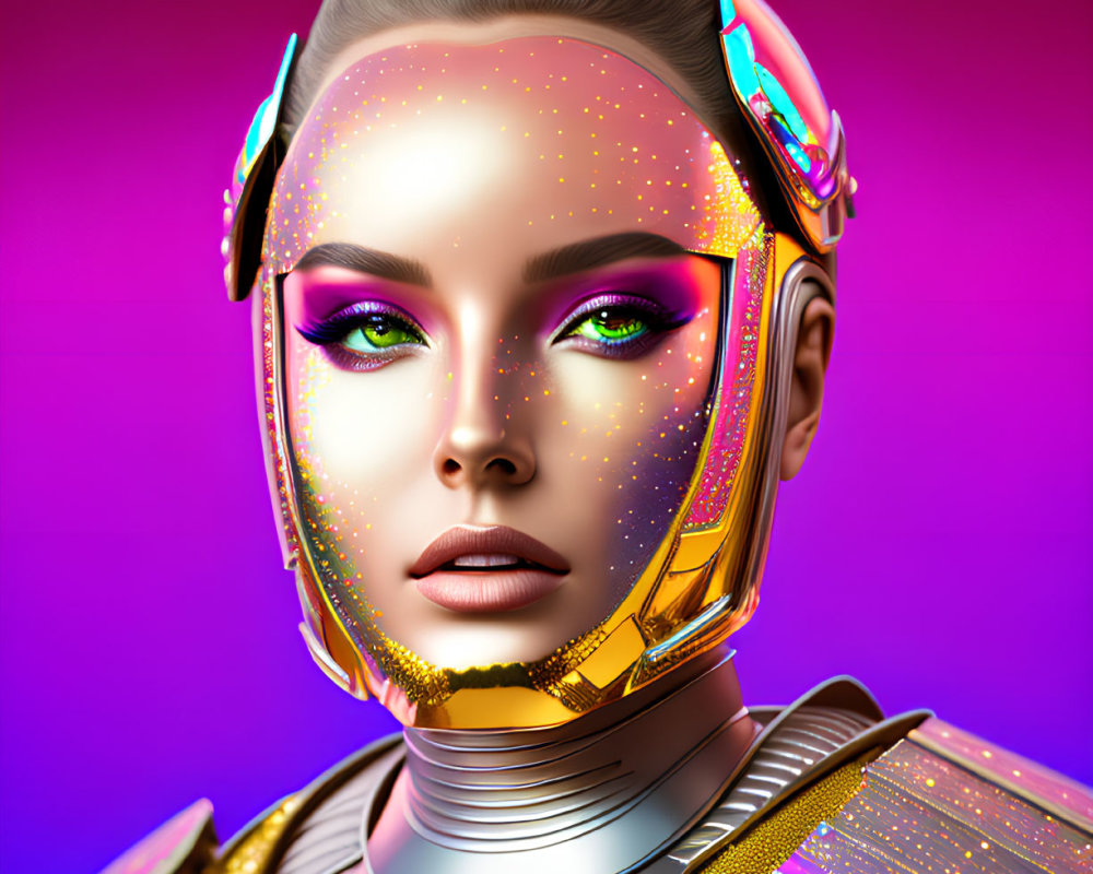 Futuristic female figure with glowing skin and vibrant eyeshadow