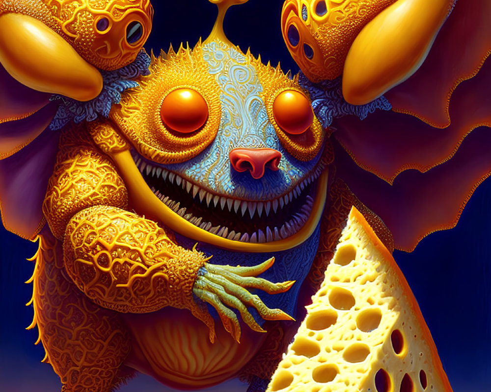 Colorful fantastical creature with ornate patterns and tentacle-like horns next to cheese