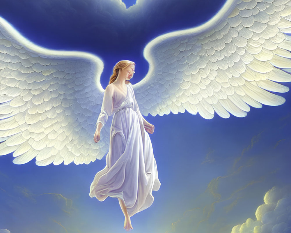 Angel with white wings descending to divine sword in sky