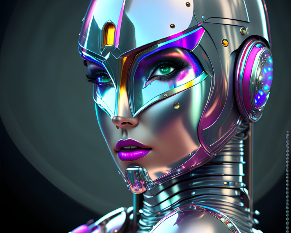 Female robot digital artwork with sophisticated helmet and neon accents