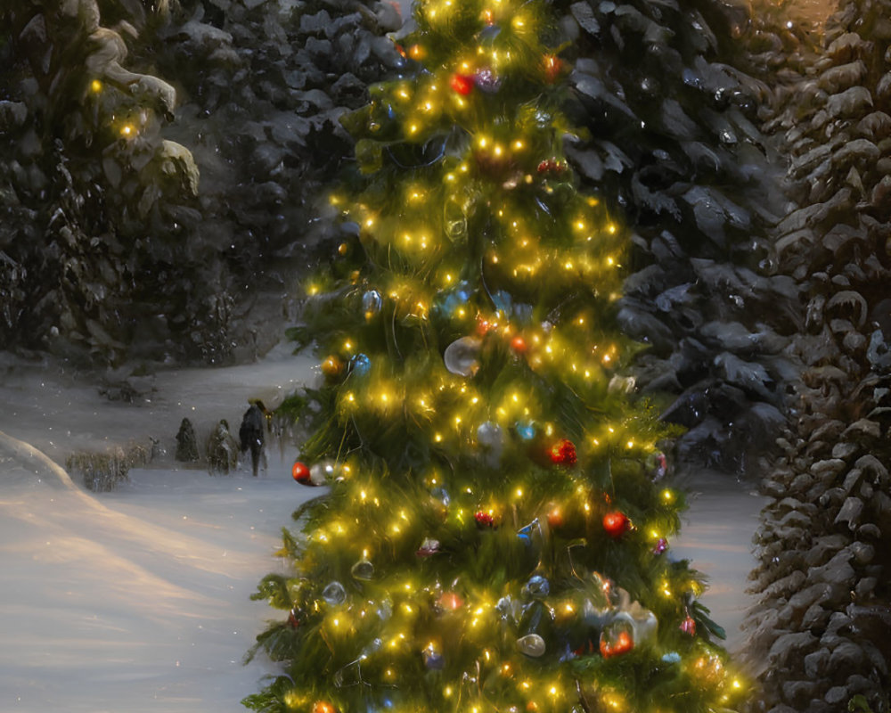 Festive Christmas tree with glowing lights and colorful ornaments in snowy forest