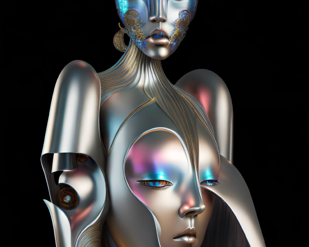 Stylized metallic female figures with ornamental headpieces on black background