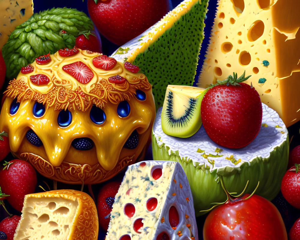 Colorful Cheese and Fruit Still-Life with Hyper-Realistic Details