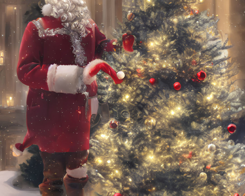 Santa Claus with Christmas tree and gifts in snowy evening scene