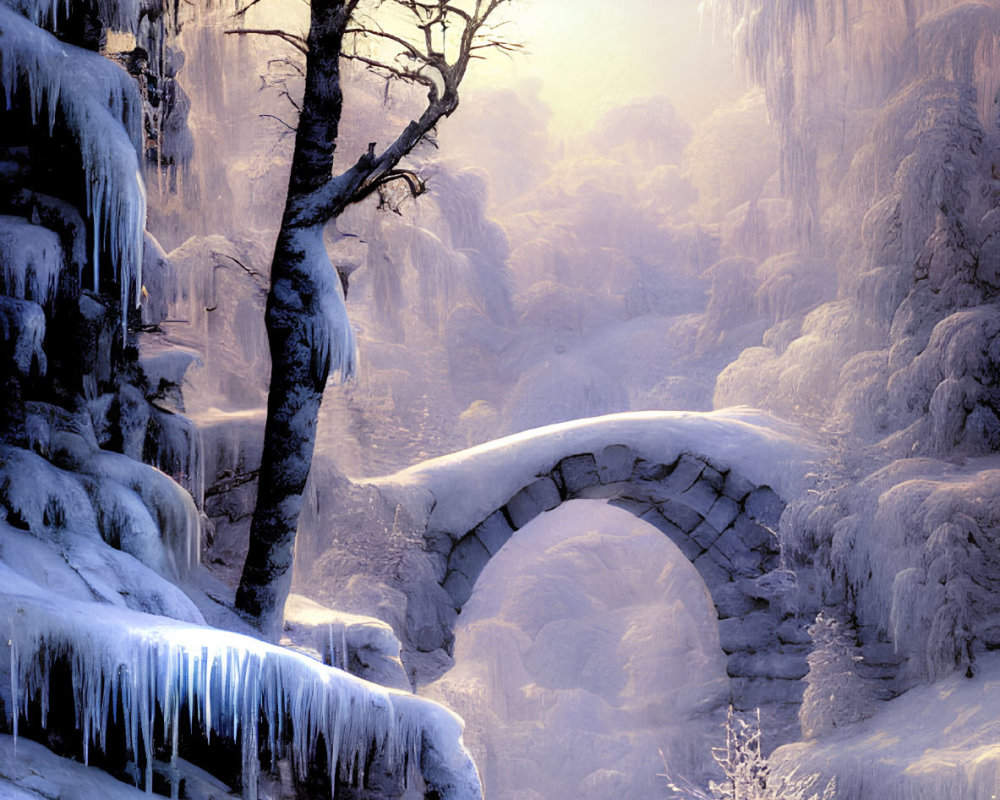 Snow-covered stone bridge over frozen stream in serene winter landscape