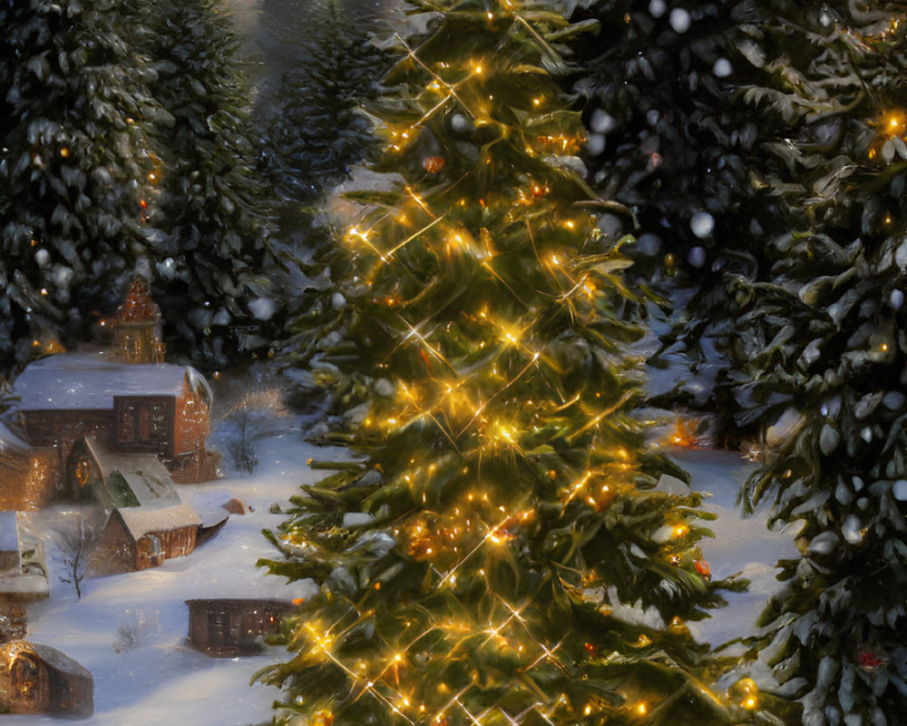 Snow-covered village with Christmas tree and starry sky illustration.