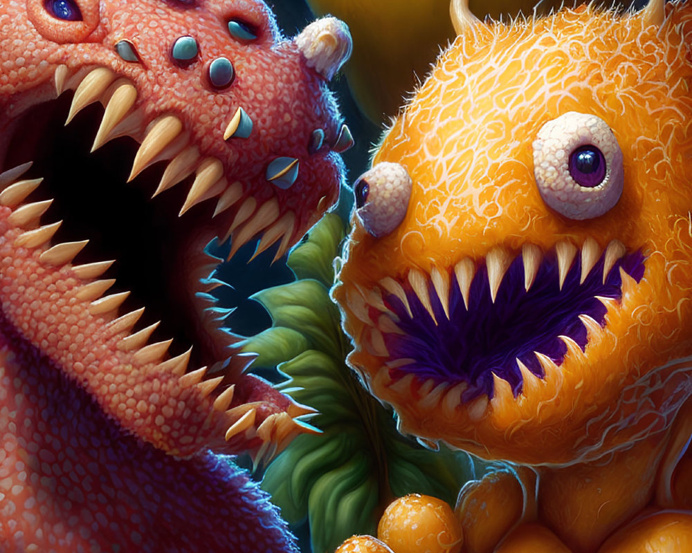 Colorful Cartoonish Monsters with Large Eyes and Teeth on Dark Background