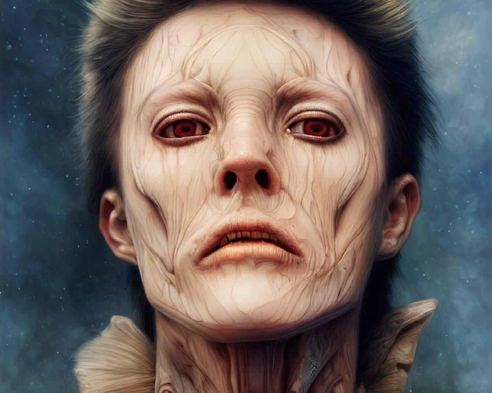 Digital artwork featuring humanoid figure with pale complexion and red eyes against cosmic backdrop